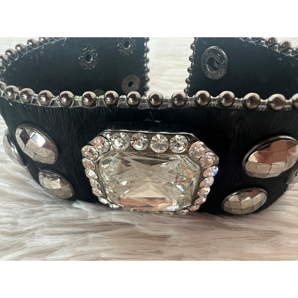 Leather Cowhide Cuff Bracelet Black Crystal Studded Snap Wide